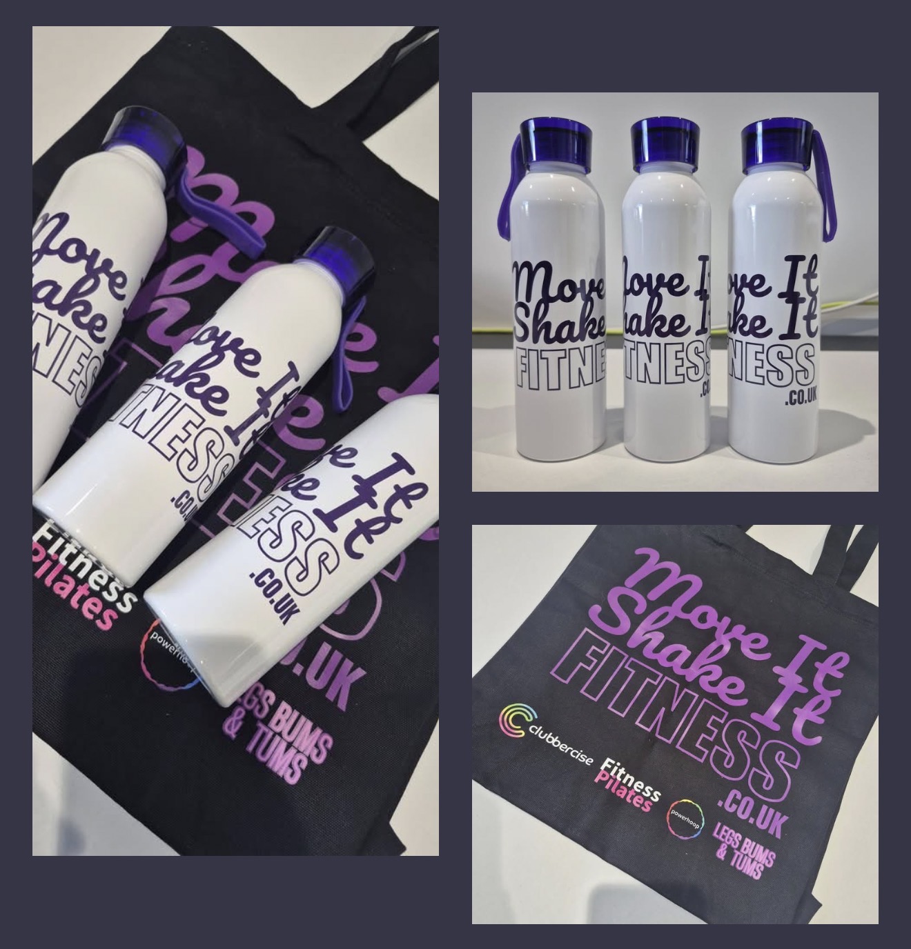 Move It Shake It Fitness branded water bottles and tote bag