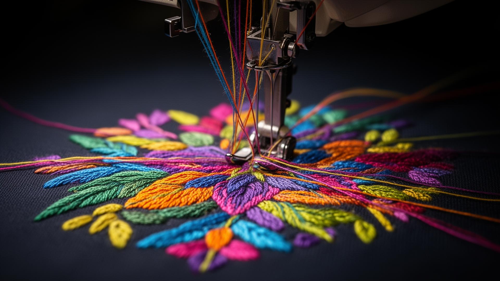Colourful embroidery being stitched onto fabric